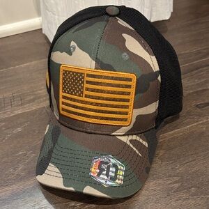 Runs Deep Tactical American flag patch, camo, snap back canvas/mesh cap